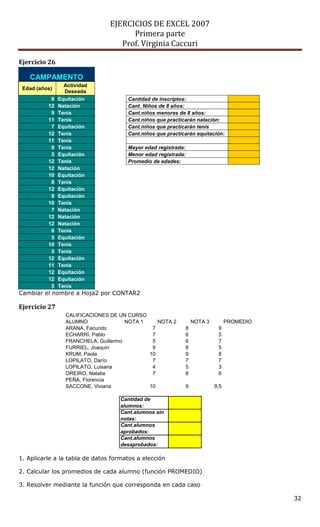 EJERCICIOS DE EXCEL 2007
Primera parte
Prof. Virginia Caccuri
32
Ejercicio 26
CAMPAMENTO
Edad (años)
Actividad
Deseada
8 Equitación Cantidad de inscriptos:
12 Natación Cant. Niños de 8 años:
9 Tenis Cant.niños menores de 8 años:
11 Tenis Cant.niños que practicarán natación:
7 Equitación Cant.niños que practicarán tenis
12 Tenis Cant.niños que practicarán equitación:
11 Tenis
9 Tenis Mayor edad registrada:
5 Equitación Menor edad registrada:
12 Tenis Promedio de edades:
12 Natación
10 Equitación
8 Tenis
12 Equitación
8 Equitación
10 Tenis
7 Natación
12 Natación
12 Natación
6 Tenis
5 Equitación
10 Tenis
5 Tenis
12 Equitación
11 Tenis
12 Equitación
12 Equitación
5 Tenis
Cambiar el nombre a Hoja2 por CONTAR2
Ejercicio 27
1. Aplicarle a la tabla de datos formatos a elección
2. Calcular los promedios de cada alumno (función PROMEDIO)
3. Resolver mediante la función que corresponda en cada caso
CALIFICACIONES DE UN CURSO
ALUMNO NOTA 1 NOTA 2 NOTA 3 PROMEDIO
ARANA, Facundo 7 8 9
ECHARRI, Pablo 7 6 5
FRANCHELA, Guillermo 5 6 7
FURRIEL, Joaquín 9 8 5
KRUM, Paola 10 9 8
LOPILATO, Darío 7 7 7
LOPILATO, Luisana 4 5 3
OREIRO, Natalia 7 8 6
PEÑA, Florencia
SACCONE, Viviana 10 9 9,5
Cantidad de
alumnos:
Cant.alumnos sin
notas:
Cant.alumnos
aprobados:
Cant.alumnos
desaprobados:
 