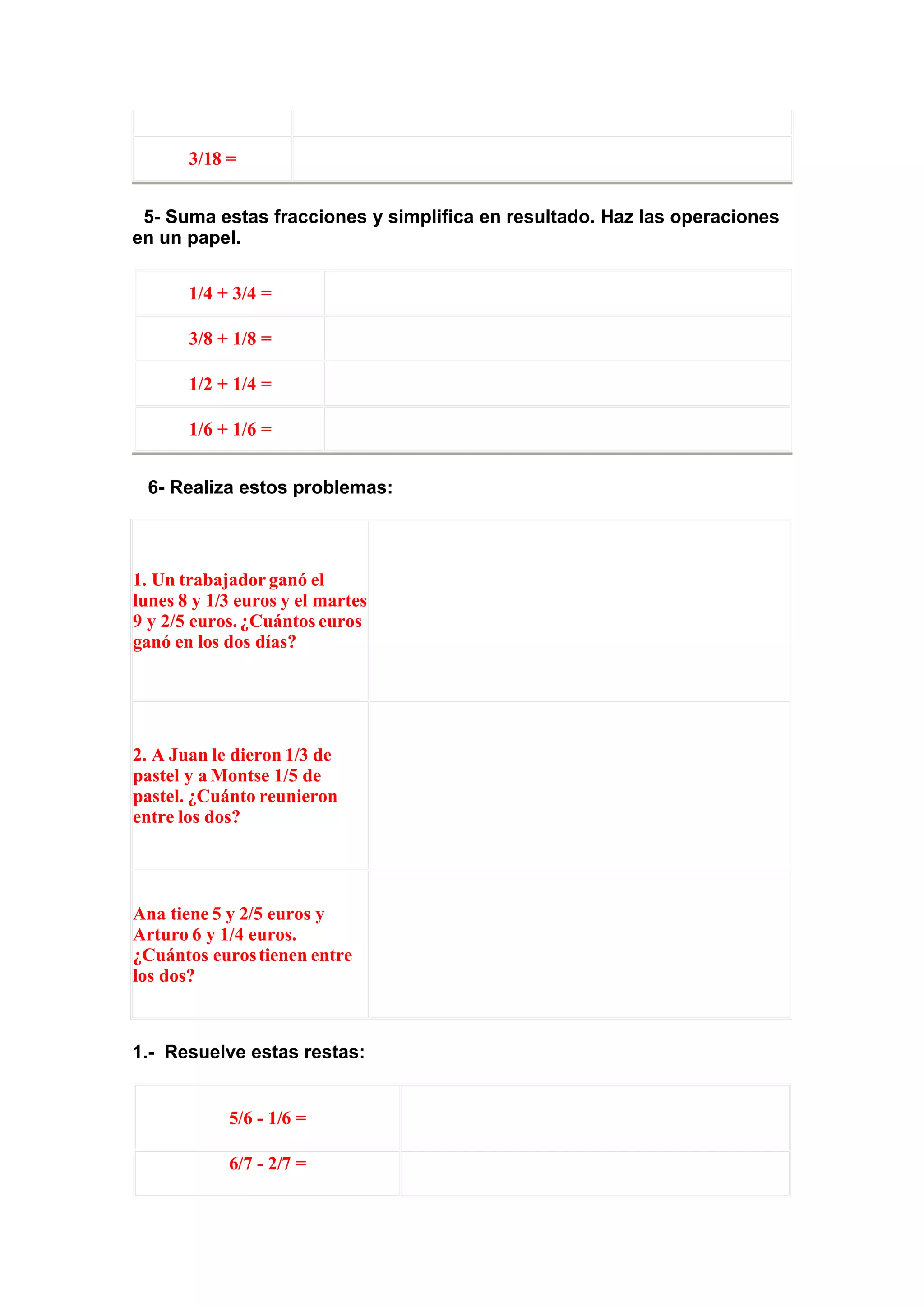Ejercicios De Fracciones 6º