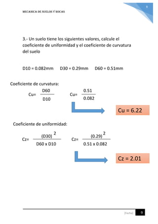 MECANICA DE SUELOS Y ROCAS
9
9[Fecha]
3.- Un suelo tiene los siguientes valores, calcule el
coeficiente de uniformidad y el coeficiente de curvatura
del suelo
D10 = 0.082mm D30 = 0.29mm D60 = 0.51mm
Cu=
D60
D10
Cu=
0.51
0.082
Cu = 6.22
Coeficiente de curvatura:
Coeficiente de uniformidad:
Cz=
(D30)
D60 x D10
2
Cz=
(0.29)
0.51 x 0.082
2
Cz = 2.01
 