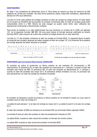 CONTADORES
En Step 7 los contadores se referencian como Z. Para éstos se reserva un área de memoria de 256
palabras de 16 bits por contador. De esta forma podremos utilizar hasta 256 contadores, dependiendo
del tipo de CPU que utilicemos.
Los bits 0 a 9 de cada palabra de contaje contienen el valor de contaje en código binario. El valor fijado
por el usuario se transfiere del acumulador al contador al activarse éste. El valor de contaje puede estar
comprendido entre 0 y 999. Dentro de este margen se puede variar dicho valor utilizando las
operaciones Incrementar y Decrementar contador.
Para poner el contador a un valor determinado hay que introducir un número de 0 a 999, por ejemplo
127, en el siguiente formato: C# 127. C# sirve para indicar el formato decimal codificado en binario
(formato BCD: cada conjunto de cuatro bits contiene el código binario de un valor decimal).
Los bits 0 a 11 del contador contienen el valor de contaje en formato BCD. La siguiente figura muestra
el contenido del contador después de haber cargado el valor de contaje 127 y el contenido de la palabra
de contaje después de haber activado el contador.
CONTADOR para Incremento-Decremento (ZAEHLER)
El contador se activa al producirse un flanco positivo en las entradas ZV (incremento) o ZR
(decremento). Si activamos ZV, el valor del contador se incrementa en 1, siempre y cuando el valor del
contador sea menor de 999. Si activamos ZR, el valor del contador se decrementa en 1, siempre y
cuando el valor del contador sea mayor de 0. Si activamos ambas entradas a la vez, se procesan las
dos operaciones y el valor de contaje se mantiene invariable.
El contador se desactiva cuando se produce un flanco positivo en la entrada R (reset), en cuyo caso el
contador pone el valor de contaje a 0.
La salida Q será siempre 1 si el valor de contaje es mayor de 0. La salida Q será 0 si el valor de contaje
es 0.
El valor del contador (0-999) se introduce en la entrada ZW con el formato C#xxx (ejemplo C#40).
La entrada S pone el valor del contador al valor de preselección indicado en ZW.
La salida DUAL muestra el valor actual del contador en formato de número entero.
La salida DEZ muestra el valor actual del contador en formato BCD.
José María Hurtado Torres Pág. 20
Departamento de Electricidad-Electrónica I.E.S. Himilce - Linares
 