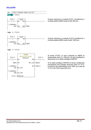 SOLUCIÓN
Cuando activemos la entrada E124.1 transferimos a
la doble palabra MD50 (real) el dato 500 rpm.
Cuando activemos la entrada E124.2 transferimos a
la doble palabra MD50 (real) el dato 1000 rpm.
Al activar E124.0, el valor contenido en MD50 es
desescalado entre 0 y 1400 rpm. El valor resultante lo
obtenemos en la salida analógica PAW752.
Si la salida analógica PAW752 la hemos configurado
previamente para entregar tensiones entre 0 a 10 V.
La tensión que obtendremos para 1000 r.p.m será de
7,15 V y de 3,58 V para 500 r.p.m.
José María Hurtado Torres Pág. 44
Departamento de Electricidad-Electrónica I.E.S. Himilce - Linares
 