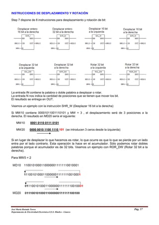 INSTRUCCIONES DE DESPLAZAMIENTO Y ROTACIÓN
Step 7 dispone de 8 instrucciones para desplazamiento y rotación de bit:
La entrada IN contiene la palabra o doble palabra a desplazar o rotar.
La entrada N nos indica la cantidad de posiciones que se tienen que mover los bit.
El resultado se entrega en OUT.
Veamos un ejemplo con la instrucción SHR_W (Desplazar 16 bit a la derecha)
Si MW10 contiene 00001011001110101 y MW = 3 , el desplazamiento será de 3 posiciones a la
derecha. El resultado en MD20 sería el siguiente:
MW10 0001 0110 0111 0101
MW20 0000 0010 1100 1110 101 (se introducen 3 ceros desde la izquierda)
Si en lugar de desplazar lo que hacemos es rotar, lo que ocurre es que lo que se pierde por un lado
entra por el lado contrario. Esta operación la hace en el acumulador. Sólo podemos rotar dobles
palabras porque el acumulador es de 32 bits. Veamos un ejemplo con ROR_DW (Rotar 32 bit a la
derecha).
Para MW5 = 2
José María Hurtado Torres Pág. 57
Departamento de Electricidad-Electrónica I.E.S. Himilce - Linares
 