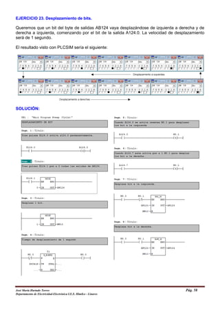 EJERCICIO 23. Desplazamiento de bits.
Queremos que un bit del byte de salidas AB124 vaya desplazándose de izquierda a derecha y de
derecha a izquierda, comenzando por el bit de la salida A124.0. La velocidad de desplazamiento
será de 1 segundo.
El resultado visto con PLCSIM sería el siguiente:
SOLUCIÓN:
José María Hurtado Torres Pág. 58
Departamento de Electricidad-Electrónica I.E.S. Himilce - Linares
 
