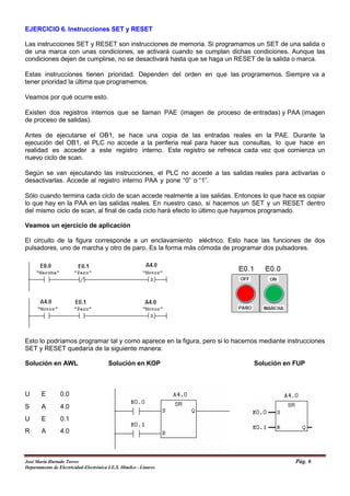 EJERCICIO 6. Instrucciones SET y RESET
Las instrucciones SET y RESET son instrucciones de memoria. Si programamos un SET de una salida o
de una marca con unas condiciones, se activará cuando se cumplan dichas condiciones. Aunque las
condiciones dejen de cumplirse, no se desactivará hasta que se haga un RESET de la salida o marca.
Estas instrucciones tienen prioridad. Dependen del orden en que las programemos. Siempre va a
tener prioridad la última que programemos.
Veamos por qué ocurre esto.
Existen dos registros internos que se llaman PAE (imagen de proceso de entradas) y PAA (imagen
de proceso de salidas).
Antes de ejecutarse el OB1, se hace una copia de las entradas reales en la PAE. Durante la
ejecución del OB1, el PLC no accede a la periferia real para hacer sus consultas, lo que hace en
realidad es acceder a este registro interno. Este registro se refresca cada vez que comienza un
nuevo ciclo de scan.
Según se van ejecutando las instrucciones, el PLC no accede a las salidas reales para activarlas o
desactivarlas. Accede al registro interno PAA y pone “0” o “1”.
Sólo cuando termina cada ciclo de scan accede realmente a las salidas. Entonces lo que hace es copiar
lo que hay en la PAA en las salidas reales. En nuestro caso, si hacemos un SET y un RESET dentro
del mismo ciclo de scan, al final de cada ciclo hará efecto lo último que hayamos programado.
Veamos un ejercicio de aplicación
El circuito de la figura corresponde a un enclavamiento eléctrico. Esto hace las funciones de dos
pulsadores, uno de marcha y otro de paro. Es la forma más cómoda de programar dos pulsadores.
Esto lo podríamos programar tal y como aparece en la figura, pero si lo hacemos mediante instrucciones
SET y RESET quedaría de la siguiente manera:
Solución en AWL Solución en KOP Solución en FUP
U E 0.0
S A 4.0
U E 0.1
R A 4.0
José María Hurtado Torres Pág. 6
Departamento de Electricidad-Electrónica I.E.S. Himilce - Linares
 