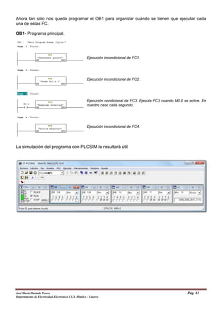 Ahora tan sólo nos queda programar el OB1 para organizar cuándo se tienen que ejecutar cada
una de estas FC.
OB1- Programa principal.
Ejecución incondicional de FC1.
Ejecución incondicional de FC2.
Ejecución condicional de FC3. Ejecuta FC3 cuando M0.0 se active. En
nuestro caso cada segundo.
Ejecución incondicional de FC4.
La simulación del programa con PLCSIM le resultará útil
José María Hurtado Torres Pág. 61
Departamento de Electricidad-Electrónica I.E.S. Himilce - Linares
 