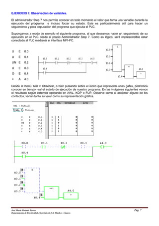 EJERCICIO 7. Observación de variables.
El administrador Step 7 nos permite conocer en todo momento el valor que toma una variable durante la
ejecución del programa e incluso forzar su estado. Este es particularmente útil para hacer un
seguimiento y para depuración del programa que ejecuta el PLC.
Supongamos a modo de ejemplo el siguiente programa, al que deseamos hacer un seguimiento de su
ejecución en el PLC desde el propio Administrador Step 7. Como es lógico, será imprescindible estar
conectado al PLC mediante el interface MPI-PC.
Desde el menú Test > Observar, o bien pulsando sobre el icono que representa unas gafas, podremos
conocer en tiempo real el estado de ejecución de nuestro programa. En las imágenes siguientes vemos
el resultado según estemos operando en AWL, KOP o FUP. Observe como al accionar alguno de los
contactos, varían tanto su valor como su representación gráfica.
U E 0.0
U E 0.1
UN E 0.2
U E 0.3
O E 0.4
= A 4.0
José María Hurtado Torres Pág. 7
Departamento de Electricidad-Electrónica I.E.S. Himilce - Linares
 