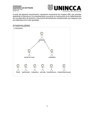 POSGRADO
INGENIERIA DE SOFTWARE
MODELADO UML
2010/11/12


A partir del siguiente requerimiento, represente visualmente los modelos UML que permitan
especificar la estructura y el comportamiento que guíen la construcción de la implementación
de una alternativa de solución y documente las decisiones arquitecturales que aseguren que
esa alternativa es la más apropiada.


STAKEHOLDERS
 uc Stakeholders




                                             Empleado




                   Gestión de v entas                          contabilidad




     Cliente   Administrador   Competencia    prov eedor   Entidad Bancaria   Entidad Gubernamental




                                                           7
 