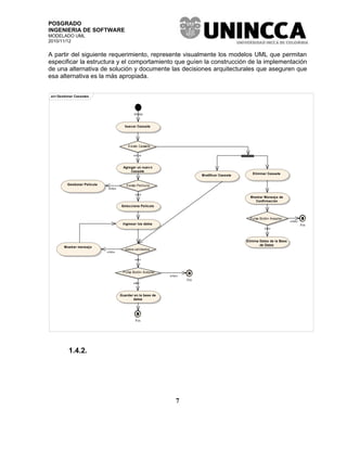 POSGRADO
INGENIERIA DE SOFTWARE
MODELADO UML
2010/11/12


A partir del siguiente requerimiento, represente visualmente los modelos UML que permitan
especificar la estructura y el comportamiento que guíen la construcción de la implementación
de una alternativa de solución y documente las decisiones arquitecturales que aseguren que
esa alternativa es la más apropiada.


act Gestionar Cassetes




                                             Inicio


                                       buscar Cassete




                                         Existe Cassete

                                             «no»


                                      Agregar un nuev o
                                          Cassete
                                                                          Modificar Cassete      Eliminar Cassete


         Gestionar Película             Existe Película
                              «no»
                                              «si»
                                                                                                Mostrar Mensaj e de
                                                                                                  Confirmación
                                     Selecciona Película


                                                                                                Pulsa Botón Aceptar
                                                                                                                         «no»
                                      Ingresar los datos                                                                        Fin
                                                                                                        «si»


                                                                                              Elimina Datos de la Base
                                                                                                      de Datos
       Mostrar mensaj e
                                        datos validados
                              «no»

                                             «si»


                                      Pulsa Botón Aceptar
                                                             «no»
                                                                    Fin
                                             «si»


                                     Guardar en la base de
                                            datos




                                              Fin




          1.4.2.




                                                                7
 