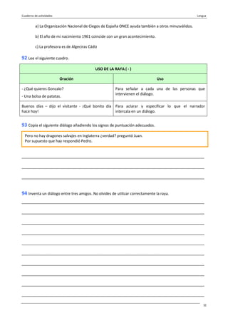 Cuaderno de actividades Lengua
32
a) La Organización Nacional de Ciegos de España ONCE ayuda también a otros minusválidos.
b) El año de mi nacimiento 1961 coincide con un gran acontecimiento.
c) La profesora es de Algeciras Cádiz
92 Lee el siguiente cuadro.
USO DE LA RAYA ( - )
Oración Uso
- ¿Qué quieres Gonzalo?
- Una bolsa de patatas.
Para señalar a cada una de las personas que
intervienen el diálogo.
Buenos días – dijo el visitante - ¡Qué bonito día
hace hoy!
Para aclarar y especificar lo que el narrador
intercala en un diálogo.
93 Copia el siguiente diálogo añadiendo los signos de puntuación adecuados.
_______________________________________________________________________________________
_______________________________________________________________________________________
_______________________________________________________________________________________
94 Inventa un diálogo entre tres amigos. No olvides de utilizar correctamente la raya.
_______________________________________________________________________________________
_______________________________________________________________________________________
_______________________________________________________________________________________
_______________________________________________________________________________________
_______________________________________________________________________________________
_______________________________________________________________________________________
_______________________________________________________________________________________
_______________________________________________________________________________________
_______________________________________________________________________________________
_______________________________________________________________________________________
Pero no hay dragones salvajes en Inglaterra ¿verdad? preguntó Juan.
Por supuesto que hay respondió Pedro.
 