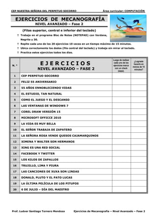 CEP NUESTRA SEÑORA DEL PERPETUO SOCORRO                                  Área curricular: COMPUTACIÓN


  EJERCICIOS DE MECANOGRAFÍA
                    NIVEL AVANZADO – Fase 2

          (Filas superior, central e inferior del teclado)
       Trabaja en el programa Bloc de Notas (NOTEPAD) con Verdana,
        Negrita y 30.
       Repite cada uno de los 20 ejercicios 10 veces en un tiempo máximo de 15 minutos.
       Ubica correctamente los dedos (fila central del teclado) y trabaja sin mirar al teclado.
       Practica estos ejercicios todos los días.


                                                                                Luego de realizar
                        EJERCICIOS
                                                                                                     ¿Lograste
                                                                                 cada uno de los
                                                                                                     hacerlo en
N. °                                                                            ejercicios marca
                                                                                                    menos de 15
                     NIVEL AVANZADO – FASE 2                                      con un check
                                                                                     (aspa).
                                                                                                     minutos?

 1       CEP PERPETUO SOCORRO

 2       FELIZ 55 ANIVERSARIO

 3       55 AÑOS ENNOBLECIENDO VIDAS

 4       EL ESTUDIO, TAN NATURAL

 5       COMO EL JUEGO Y EL DESCANSO

 6       LAS VENTANAS DE WINDOWS 7

 7       COREL DRAW VERSIÓN 15

 8       MICROSOFT OFFICCE 2010

 9       LA VIDA ES MUY BELLA

 10      EL SEÑOR TRABAJA DE ZAPATERO

 11      LA SEÑORA ROSA VENDE QUESOS CAJAMARQUINOS

 12      XIMENA Y WALTER SON HERMANOS

 13      XING ES UNA RED SOCIAL

 14      FACEBOOK Y TWITTER

 15      LOS KILOS DE ZAPALLOS

 16      TRUJILLO, LIMA Y PIURA

 17      LAS CANCIONES DE XUXA SON LINDAS

 18      DONALD, PLUTO Y EL PATO LUCAS

 19      LA ÚLTIMA PELÍCULA DE LOS PITUFOS

 20      6 DE JULIO – DÍA DEL MAESTRO




Prof. Ludver Santiago Tornero Mendoza               Ejercicios de Mecanografía – Nivel Avanzado – Fase 2
 