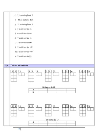 10
e) 25 es múltiplo de 5
f) 56 es múltiplo de 9
g) 52 es múltiplo de 3
h) 5 es divisor de 46
i) 6 es divisor de 46
j) 7 es divisor de 46
k) 5 es divisor de 90
l) 3 es divisor de 102
m) 5 es divisor de 460
n) 9 es divisor de 83
Ej.6 Calcula los divisores
1 2 1 1 2 2 1 2 3 1 2 4 1 2 5
Divisores de 12
1
12
1 3 1 1 3 2 1 3 3 1 3 4 1 3 5
Divisores de 13
1
13
 