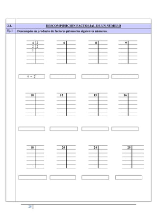 25
2.4. DESCOMPOSICIÓN FACTORIAL DE UN NÚMERO
Ej.1 Descompón en producto de factores primos los siguientes números.
18 20 24 25
4 2
2 2
1
4 = 22
6 8 9
10 12 15 16
 