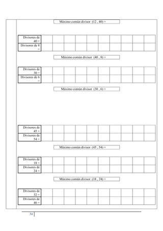 34
Máximo común divisor (12 , 40) =
Divisores de
40 =
Divisores de 8
=
Máximo común divisor (40 , 8) =
Divisores de
30 =
Divisores de 6
=
Máximo común divisor (30 , 6) =
Divisores de
45 =
Divisores de
54 =
Máximo común divisor (45 , 54) =
Divisores de
18 =
Divisores de
24 =
Máximo común divisor (18 , 24) =
Divisores de
32 =
Divisores de
46 =
 