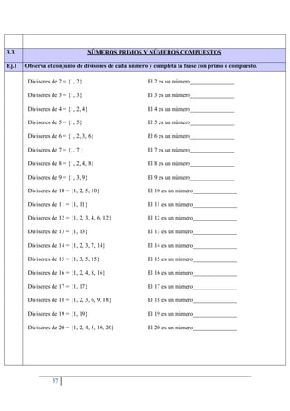 57
3.3. NÚMEROS PRIMOS Y NÚMEROS COMPUESTOS
Ej.1 Observa el conjunto de divisores de cada número y completa la frase con primo o compuesto.
Divisores de 2 = {1, 2} El 2 es un número_______________
Divisores de 3 = {1, 3} El 3 es un número_______________
Divisores de 4 = {1, 2, 4} El 4 es un número_______________
Divisores de 5 = {1, 5} El 5 es un número_______________
Divisores de 6 = {1, 2, 3, 6} El 6 es un número_______________
Divisores de 7 = {1, 7 } El 7 es un número_______________
Divisores de 8 = {1, 2, 4, 8} El 8 es un número_______________
Divisores de 9 = {1, 3, 9} El 9 es un número_______________
Divisores de 10 = {1, 2, 5, 10} El 10 es un número_______________
Divisores de 11 = {1, 11} El 11 es un número_______________
Divisores de 12 = {1, 2, 3, 4, 6, 12} El 12 es un número_______________
Divisores de 13 = {1, 13} El 13 es un número_______________
Divisores de 14 = {1, 2, 3, 7, 14} El 14 es un número_______________
Divisores de 15 = {1, 3, 5, 15} El 15 es un número_______________
Divisores de 16 = {1, 2, 4, 8, 16} El 16 es un número_______________
Divisores de 17 = {1, 17} El 17 es un número_______________
Divisores de 18 = {1, 2, 3, 6, 9, 18} El 18 es un número_______________
Divisores de 19 = {1, 19} El 19 es un número_______________
Divisores de 20 = {1, 2, 4, 5, 10, 20} El 20 es un número_______________
 