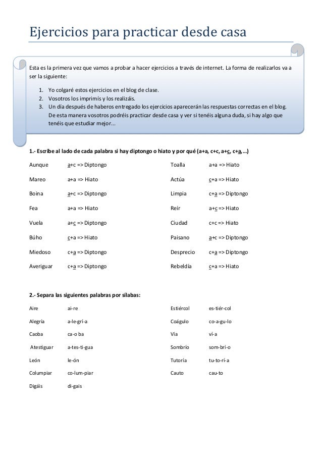 Ejercicios Para Practicar Desde Casa Diptongos E Hiatos Corregidos