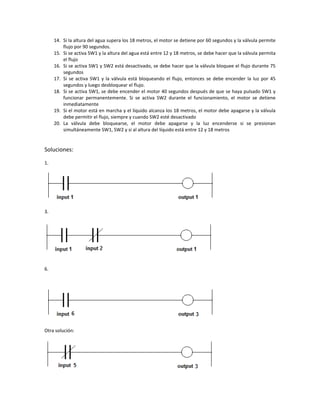 14. Si la altura del agua supera los 18 metros, el motor se detiene por 60 segundos y la válvula permite
flujo por 90 segundos.
15. Si se activa SW1 y la altura del agua está entre 12 y 18 metros, se debe hacer que la válvula permita
el flujo
16. Si se activa SW1 y SW2 está desactivado, se debe hacer que la válvula bloquee el flujo durante 75
segundos
17. Si se activa SW1 y la válvula está bloqueando el flujo, entonces se debe encender la luz por 45
segundos y luego desbloquear el flujo.
18. Si se activa SW1, se debe encender el motor 40 segundos después de que se haya pulsado SW1 y
funcionar permanentemente. Si se activa SW2 durante el funcionamiento, el motor se detiene
inmediatamente
19. Si el motor está en marcha y el líquido alcanza los 18 metros, el motor debe apagarse y la válvula
debe permitir el flujo, siempre y cuando SW2 esté desactivado
20. La válvula debe bloquearse, el motor debe apagarse y la luz encenderse si se presionan
simultáneamente SW1, SW2 y si al altura del líquido está entre 12 y 18 metros
Soluciones:
1.
3.
6.
Otra solución:
 