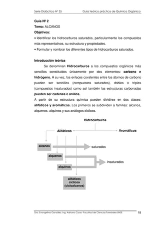 Serie Didáctica N° 35 Guía teórico práctica de Química Orgánica
Dra. Evangelina González. Ing. Adriana Corzo -Facultad de Ciencias Forestales-UNSE 18
Guía Nº 2
Tema: ALCANOS
Objetivos:
• Identificar los hidrocarburos saturados, particularmente los compuestos
más representativos, su estructura y propiedades.
• Formular y nombrar los diferentes tipos de hidrocarburos saturados.
Introducción teórica
Se denominan Hidrocarburos a los compuestos orgánicos más
sencillos constituidos únicamente por dos elementos: carbono e
hidrógeno. A su vez, los enlaces covalentes entre los átomos de carbono
pueden ser sencillos (compuestos saturados), dobles o triples
(compuestos insaturados) como así también las estructuras carbonadas
pueden ser cadenas o anillos.
A partir de su estructura química pueden dividirse en dos clases:
alifáticos y aromáticos. Los primeros se subdividen a familias: alcanos,
alquenos, alquinos y sus análogos cíclicos.
Hidrocarburos
Alifáticos Aromáticos
alcanos
alquenos
alifáticos
cíclicos
(cicloalcanos)
saturados
insaturados
alquinos
 