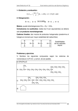 Serie Didáctica N° 35 Guía teórico práctica de Química Orgánica
Dra. Evangelina González. Ing. Adriana Corzo -Facultad de Ciencias Forestales-UNSE 20
1- Oxidación y combustión:
calorOH1)(nCOO
2
13n
C 222n +++→




 +
++ nH n 22
2- Halogenación:
Metano, puede tetrahalogenarse CH4 + Cl2 CCl4
Cicloalcanos no sustituidos: (todos los H son equivalentes) se obtiene
solo un producto monohalogenado
Cadenas lineales: dan mezcla de productos halogenados (predomina el
halogenuro terciario por mayor estabilidad del radical libre)
Problemas y ejercicios
1. Nombrar los siguientes compuestos según los sistemas de
nomenclatura I.U.P.A.C. y común, de ser posible.
a) (CH3CH2)4C
d)
CH3 CH CH2 CH2 CH2
CH3
CH2 CH2 CH2 CH
CH2 CH2 CH2 CH3
CH2 CH2 CH3
b)
CH3
CH2
CH CH CH CH2
CH2
CH3
CH2
CH3
CH2
CH2
CH3
CH2
CH3c)
C
R
R
R C
R
H
R C
H
H
R C
H
H
H
Estabilidades
de los radicales
alquilo
R H X X R X H X+ luz o calor +
 