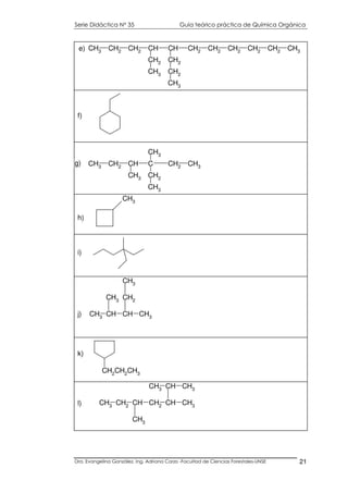 Serie Didáctica N° 35 Guía teórico práctica de Química Orgánica
Dra. Evangelina González. Ing. Adriana Corzo -Facultad de Ciencias Forestales-UNSE 21
f)
CH3
h)
i)
CH3
CH CH CH3
CH3
CH2
CH3
j)
CH2
CH2
CH3
k)
CH3
CH2
CH
CH3
CH2
CH CH3
CH CH3CH3
l)
CH3 CH2 CH C CH2 CH3
CH3 CH2
CH3
CH3
g)
CH3 CH2 CH2 CH CH CH2 CH2 CH2 CH2 CH2 CH3
CH2
CH3
CH2
CH2
CH3
e)
 