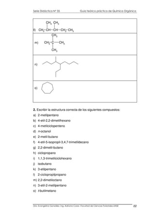 Serie Didáctica N° 35 Guía teórico práctica de Química Orgánica
Dra. Evangelina González. Ing. Adriana Corzo -Facultad de Ciencias Forestales-UNSE 22
CH3 C CH3
CH3
CH3
m)
n)
o)
2. Escribir la estructura correcta de los siguientes compuestos:
a) 2-metilpentano
b) 4-etil-2,2-dimetilhexano
c) 4-metilciclopenteno
d) n-octanol
e) 2-metil-butano
f) 4-etil-5-isopropil-3,4,7-trimetildecano
g) 2,2-dimetil-butano
h) ciclopropano
i) 1,1,3-trimetilciclohexano
j) isobutano
k) 3-etilpentano
l) 2-ciclopropilpropano
m) 2,2-dimetiloctano
n) 3-etil-2-metilpentano
o) t-butilmetano
CH3 CH CH CH2 CH3
CH3 CH3
ll)
 
