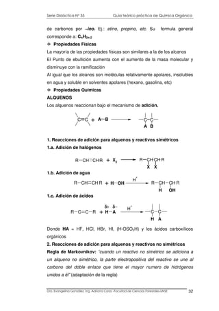 Serie Didáctica N° 35 Guía teórico práctica de Química Orgánica
Dra. Evangelina González. Ing. Adriana Corzo -Facultad de Ciencias Forestales-UNSE 32
de carbonos por –ino. Ej.: etino, propino, etc. Su formula general
corresponde a: CnH2n-2
Propiedades Físicas
La mayoría de las propiedades físicas son similares a la de los alcanos
El Punto de ebullición aumenta con el aumento de la masa molecular y
disminuye con la ramificación
Al igual que los alcanos son moléculas relativamente apolares, insolubles
en agua y soluble en solventes apolares (hexano, gasolina, etc)
Propiedades Químicas
ALQUENOS
Los alquenos reaccionan bajo el mecanismo de adición.
1. Reacciones de adición para alquenos y reactivos simétricos
1.a. Adición de halógenos
1.b. Adición de agua
1.c. Adición de ácidos
Donde HA = HF, HCl, HBr, HI, (H-OSO3H) y los ácidos carboxílicos
orgánicos
2. Reacciones de adición para alquenos y reactivos no simétricos
Regla de Markovnikov: “cuando un reactivo no simétrico se adiciona a
un alqueno no simétrico, la parte electropositiva del reactivo se une al
carbono del doble enlace que tiene el mayor numero de hidrógenos
unidos a él” (adaptación de la regla)
R CH CHR X2
R CH CH R
X X
+
CH CHR R H OH
H
+
CH CH
H OH
R R+
C CR R H A
H
+
C C
H A
+
δ+ δ−δ+ δ−δ+ δ−δ+ δ−
C C A B C
A
C
B
+
 