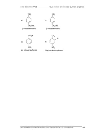 Serie Didáctica N° 35 Guía teórico práctica de Química Orgánica
Dra. Evangelina González. Ing. Adriana Corzo -Facultad de Ciencias Forestales-UNSE 46
NO2
CH2CH3
p-nitroetilbenceno
b)
SO3H
CH3
ac. p-toluensulfonico
c)
CH3
Br
NO2
2-bromo-4-nitrotolueno
d)
NO2
CH2CH3
p-nitroetilbenceno
a)
 