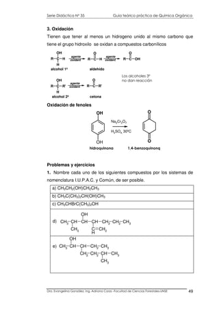 Serie Didáctica N° 35 Guía teórico práctica de Química Orgánica
Dra. Evangelina González. Ing. Adriana Corzo -Facultad de Ciencias Forestales-UNSE 49
CH3 CH CH CH CH2 CH2 CH3
CH3
OH
C
H
CH2
d)
3. Oxidación
Tienen que tener al menos un hidrogeno unido al mismo carbono que
tiene el grupo hidroxilo se oxidan a compuestos carbonílicos
Oxidación de fenoles
Problemas y ejercicios
1. Nombre cada uno de los siguientes compuestos por los sistemas de
nomenclatura I.U.P.A.C. y Común, de ser posible.
a) CH3CH2(OH)CH2CH3
b) CH3C(CH3)2CH(OH)CH3
c) CH3CHBrC(CH3)2OH
R C H
OH
H
R C H
O
R C OH
O
R C R'
OH
H
R C R'
O
agente
oxidant
e
agente
oxidant
e
alcohol 1º aldehído
acido
agente
oxidant
e
alcohol 2º cetona
Los alcoholes 3º
no dan reacción
CH3 CH CH CH2 CH3
OH
CH2 CH2 CH CH3
CH3
e)
OH
OH
O
O
Na2Cr2O7
H2SO4, 30ºC
hidroquinona 1,4-benzoquinonq
 