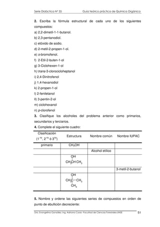 Serie Didáctica N° 35 Guía teórico práctica de Química Orgánica
Dra. Evangelina González. Ing. Adriana Corzo -Facultad de Ciencias Forestales-UNSE 51
2. Escriba la fórmula estructural de cada uno de los siguientes
compuestos:
a) 2,2-dimetil-1-1-butanol.
b) 2,3-pentanodiol.
c) etóxido de sodio.
d) 2-metil-2-propen-1-ol.
e) o-bromofenol.
f) 2-Etil-2-buten-1-ol
g) 3-Ciclohexen-1-ol
h) trans-3-clorocicloheptanol
i) 2,4-Dinitrofenol
j) 1,4-hexanodiol
k) 2-propen-1-ol
l) 2-feniletanol
ll) 3-pentin-2-ol
m) ciclohexanol
n) p-clorofenol
3. Clasifique los alcoholes del problema anterior como primarios,
secundarios y terciarios.
4. Complete el siguiente cuadro:
Clasificación
(1 rio
, 2 rio
ó 3rio
)
Estructura Nombre común Nombre IUPAC
primario CH3OH
Alcohol etílico
CH3
CH CH3
OH
3-metil-2-butanol
CH3C CH3
OH
CH3
5. Nombre y ordene las siguientes series de compuestos en orden de
punto de ebullición decreciente:
 