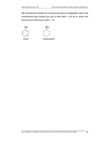 Serie Didáctica N° 35 Guía teórico práctica de Química Orgánica
Dra. Evangelina González. Ing. Adriana Corzo -Facultad de Ciencias Forestales-UNSE 54
16. Conociendo el efecto de la resonancia sobre la estabilidad, utilice este
conocimiento para explicar por qué el fenol (pKa = 4.6) es un ácido más
fuerte que el ciclohexanol (pKa = 17)
Fenol Ciclohexanol
OH OH
 