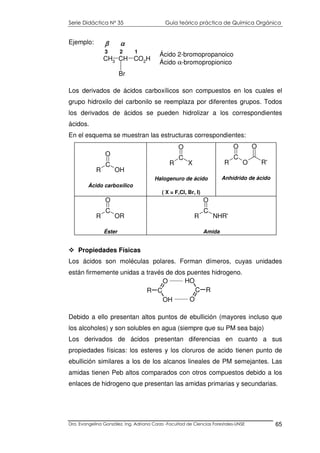 Serie Didáctica N° 35 Guía teórico práctica de Química Orgánica
Dra. Evangelina González. Ing. Adriana Corzo -Facultad de Ciencias Forestales-UNSE 65
Ejemplo:
Los derivados de ácidos carboxílicos son compuestos en los cuales el
grupo hidroxilo del carbonilo se reemplaza por diferentes grupos. Todos
los derivados de ácidos se pueden hidrolizar a los correspondientes
ácidos.
En el esquema se muestran las estructuras correspondientes:
R
C
OH
O
Ácido carboxílico
R
C
X
O
Halogenuro de ácido
( X = F,Cl, Br, I)
R
C
O
O
R'
O
Anhídrido de ácido
R
C
OR
O
Éster
R
C
NHR'
O
Amida
Propiedades Físicas
Los ácidos son moléculas polares. Forman dímeros, cuyas unidades
están firmemente unidas a través de dos puentes hidrogeno.
Debido a ello presentan altos puntos de ebullición (mayores incluso que
los alcoholes) y son solubles en agua (siempre que su PM sea bajo)
Los derivados de ácidos presentan diferencias en cuanto a sus
propiedades físicas: los esteres y los cloruros de acido tienen punto de
ebullición similares a los de los alcanos lineales de PM semejantes. Las
amidas tienen Peb altos comparados con otros compuestos debido a los
enlaces de hidrogeno que presentan las amidas primarias y secundarias.
CH3 CH CO2H
Br
3 2 1
β αβ αβ αβ α
Ácido 2-bromopropanoico
Ácido α-bromopropionico
R C
O
OH
RC
O
OH
 