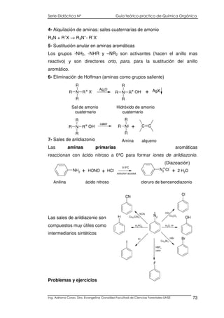 Serie Didáctica N° Guía teórico practica de Química Orgánica
Ing. Adriana Corzo. Dra. Evangelina González-Facultad de Ciencias Forestales-UNSE 73
4- Alquilación de aminas: sales cuaternarias de amonio
R3N + R´X → R3N+
- R´X-
5- Sustitución anular en aminas aromáticas
Los grupos -NH2, -NHR y –NR2 son activantes (hacen el anillo mas
reactivo) y son directores orto, para, para la sustitución del anillo
aromático.
6- Eliminación de Hoffman (aminas como grupos saliente)
7- Sales de arildiazonio
Las aminas primarias aromáticas
reaccionan con ácido nitroso a 0ºC para formar iones de arildiazonio.
(Diazoación)
Las sales de arildiazonio son
compuestos muy útiles como
intermediarios sintéticos
Problemas y ejercicios
N
R
R R
R
N
R
R R
R
AgX
N
R
R R
R
N
R
R
R
C C
+ X-
Ag2O + OH- +
+ OH-
calor
: +
Amina alqueno
Sal de amonio Hidróxido de amonio
cuaternario cuaternario
NH2 HONO ClH N2 Cl+ +
0-5ºC
solucion acuosa
+
+ 2 H2O
Anilina ácido nitroso cloruro de bencenodiazonio
N2
CN
H
I
Br
OH
Cl
F
+ HCl
Cu2Cl2
KCN
Cu2((CN)2
H2O, H+
HBr
Cu2(Br2
HBF4
calor
KI
H3PO2
 