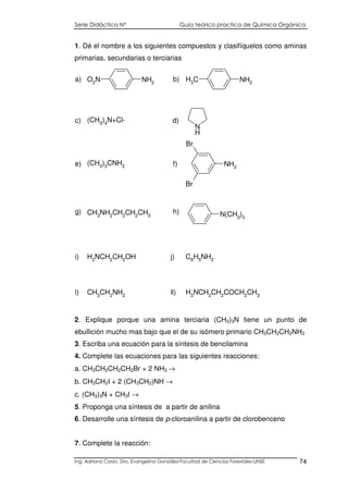 Serie Didáctica N° Guía teórico practica de Química Orgánica
Ing. Adriana Corzo. Dra. Evangelina González-Facultad de Ciencias Forestales-UNSE 74
1. Dé el nombre a los siguientes compuestos y clasifíquelos como aminas
primarias, secundarias o terciarias
NH2
O2N CH3 NH2
N
H
NH2
Br
Br
N(CH3
)3
(CH3)3CNH2
CH3NH2CH2CH2CH3
(CH3
)4
N+Cl-
a) b)
c) d)
e) f)
g) h)
H2NCH2CH2OH
H2
NCH2
CH2
COCH2
CH3
C6H5NH2
CH3
CH2
NH2
i) j)
l) ll)
2. Explique porque una amina terciaria (CH3)3N tiene un punto de
ebullición mucho mas bajo que el de su isómero primario CH3CH2CH2NH2
3. Escriba una ecuación para la síntesis de bencilamina
4. Complete las ecuaciones para las siguientes reacciones:
a. CH3CH2CH2CH2Br + 2 NH3 →
b. CH3CH2I + 2 (CH3CH2)NH →
c. (CH3)3N + CH3I →
5. Proponga una síntesis de a partir de anilina
6. Desarrolle una síntesis de p-cloroanilina a partir de clorobenceno
7. Complete la reacción:
 