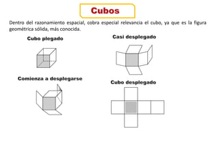 Dentro del razonamiento espacial, cobra especial relevancia el cubo, ya que es la figura
geométrica sólida, más conocida.
 