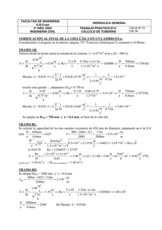 FACULTAD DE INGENIERIA
U.N.Cuyo
HIDRÁULICA GENERAL
3º AÑO- 2002
INGENIERIA CIVIL
TRABAJO PRÁCTICO N°4:
CÁLCULO DE TUBERÍAS
HOJA Nº 10
DE 36.
VERIFICACIÓN AL FINAL DE LA VIDA ÚTIL CON UN CAMBIO EN εεεε.
Considerando el desgaste en la tubería: (página 725 ″Francisco Domínguez″), tomando ε=0.40mm.
TRAMO AB.
Tubería desde la fuente hasta la entrada de la cisterna: J = 6.6*10-4
m/m y Q = 300 l/s.
1750
mm4.0
mm700D
420000
s/m103.1
m7.0s/m78.0DU
Re
s
m
78.0
4
m7.0
s
m
30.0
Q
U 2622
3
==
ε
⇒=
×
×
=
ν
×
=⇒=
π
=
Ω
= −
De
Moody: λ = 0.018 4
2
2
2
2
2
108
m7.0
1
s
m
81.92
1
s
m
78.0018.0
D
1
g2
U
J −
×=×
×
××=λ=
mucho más grande ∴ adoptamos DAB= 0.750 m
1875
mm4.0
mm750D
109.3
10*3.1
75.068.0DU
Re
s
m
68.0
4
m75.0
30.0Q
U 5
622
==
ε
⇒×=
×
=
ν
×
=⇒=
π
=
Ω
= −
De
Moody: λ = 0.018 4
2
2
2
2
2
1066.5
m75.0
1
s
m
81.92
1
*
s
m
68.0018.0
D
1
g2
U
J −
×=×
×
×=λ=
Se adopta un DAB = 750 mm y εεεε = 0.4 mm, al final de la vida útil.
TRAMO BC.
Se calcula la capacidad de los dos ramales existentes de 650 mm de diámetro, adoptando un ε de 0.4
mm. 1625
4.0
650
==
mm
mmD
ε
( )
m
m
105.8
m2000
m17
2000
31440488
J 3−
×==
+−
=
( ) λ×===×××
×
=
ν
−
−
Re10*65.1164621
s
m
81.92105.8
s/m103.1
m65.0
gJ2
D 5
2
3
26
5.12/3
λ=0.0179 Re = 1230435= 1.2*106
s
m
82.0m
4
65.0
s
m
46.2UQ
s
m
46.2
65.0
103.1102.1
D
Re
U
3
2
266
=π×=Ω×=⇒=
×××
=ν=
−
2*Q
(φ 650 mm) = 1.64 m3
/s ∴Q nuevo acueducto = 1.06 m3
/s
TRAMO BD.
Se adopta DBD = 1000 mm y ε = 0.4 mm
( )
m
m
102
m2500
m31452m488
J 3
BD
−
×=
+−
=
6
2622
3
1004.1038462
s/m103.1
m1s/m35.1DU
Re
s
m
35.1
4
m1
s
m
06.1
Q
U ×=1=
×
×
=
ν
×
=⇒=
π
=
Ω
= −
2500
4.0
1000
==
mm
mmD
ε
De Moody: λ = 0.0166
 