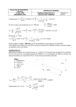 FACULTAD DE INGENIERIA
U.N.Cuyo
HIDRÁULICA GENERAL
3º AÑO- 2002
INGENIERIA CIVIL
TRABAJO PRÁCTICO N°4:
CÁLCULO DE TUBERÍAS
HOJA Nº 11
DE 36.
Verifiquemos: 3
2
2
2
2
2
1054.1
m1
1
s
m
81.92
1
s
m
35.10166.0
D
1
g2
U
J −
×=×
×
××=λ=
El valor verifica, pero probemos con φ = 900 mm 2250
mm4.0
mm900D
==
ε
( )
6
622
3
102.11156154
103.1
9.067.1DU
Re
s
m
67.1
4
m9.0
s
m
06.1
Q
U ×==
×
×
=
ν
×
=⇒=
π
=
Ω
= −
De Moody: λ = 0.017
002.0107.2
m9.0
1
s
m
81.92
1
s
m
67.1017.0
D
1
g2
U
J 3
2
2
2
2
2
〉×=×
×
××=λ= −
Puede aceptarse un DBD = 1000 mm, que da una pérdida de carga menor que la disponible.
Esto significa que al final de la vida útil se necesita un diámetro de 1000mm, entonces se puede adoptar
ese diámetro como el de diseño.
EJERCICIO N°3:
Determinar el diámetro de un tubo de acero (ε = 4,58x10-5
m) necesario para transportar un caudal de
0,25 m3
/s de aceite de viscosidad cinemática de 0,00001 m2
/s, a una longitud de 3000 m y proveer una
altura piezométrica en el punto B de 30 m. Trazar la línea piezométrica del tubo.
( ) ( ) 00767,0
m3000
m3000m53
L
P
C
P
C
L
h
J
AB
B
B
A
A
AB
AB
AB =
+−+
=






γ
+−





γ
+
=
∆
=
Suponiendo un D = 0,2 m
( ) s
m
96,7
4
m2,0
s
m
25,0
Q
U 2
3
=
π
=
Ω
=
3000 m
53 m
A
B
Datos:
ε = 0,0000458 m
Q = 0,25 m3
/s
ν = 1x10-5
m2
/s
L = 3000 m
H = 23 m
 