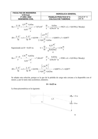 FACULTAD DE INGENIERIA
U.N.Cuyo
HIDRÁULICA GENERAL
3º AÑO- 2002
INGENIERIA CIVIL
TRABAJO PRÁCTICO N°4:
CÁLCULO DE TUBERÍAS
HOJA Nº 13
DE 36.
4
2
5
10x07,7
s
m
10x1
m45,0
s
m
57,1
DU
Re =
⋅
=
ν
⋅
=
−
9825
m10x58,4
m45,0D
5
==
ε −
⇒ 0198,0=λ (s/ Moody)
g2
U
JD
2
⋅λ
= ⇒ 0055,0
m45,0
s
m
81,92
s
m
57,1
0198,0
Dg2
U
J
2
2
2
=
⋅⋅






=
⋅
⋅λ
= < 0077,0=J
Suponiendo un D = 0,425 m:
( ) s
m
76,1
4
m425,0
s
m
25,0
Q
U 2
3
=
π
=
Ω
=
4
2
5
1048,7
101
425,076,1
Re x
s
m
x
m
s
m
DU
=
⋅
=
⋅
=
−ν
9280
1058,4
425,0
5
== −
mx
mD
ε
⇒ 0196,0=λ (s/ Moody)
g2
U
JD
2
⋅λ
= ⇒ 0073,0
m425,0
s
m
81,92
s
m
76,1
0196,0
Dg2
U
J
2
2
2
=
⋅⋅






=
⋅
⋅λ
= < 0077,0=J
Se adopta esta solución, porque es la que da la pérdida de carga más cercana a la disponible con el
menor, y por lo tanto más económico, diámetro.
D = 0,425 m
La línea piezométrica es la siguiente:
PB/γ = 30 m
B
A
L.P.
∆hAB = 23 m
 