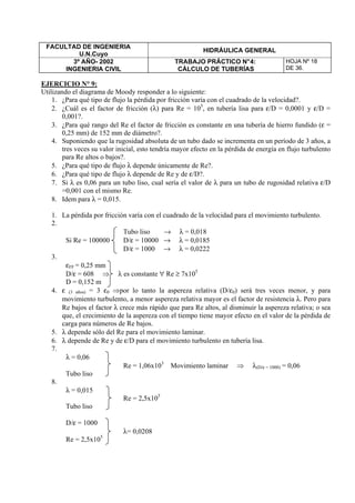 FACULTAD DE INGENIERIA
U.N.Cuyo
HIDRÁULICA GENERAL
3º AÑO- 2002
INGENIERIA CIVIL
TRABAJO PRÁCTICO N°4:
CÁLCULO DE TUBERÍAS
HOJA Nº 18
DE 36.
EJERCICIO N° 9:
Utilizando el diagrama de Moody responder a lo siguiente:
1. ¿Para qué tipo de flujo la pérdida por fricción varía con el cuadrado de la velocidad?.
2. ¿Cuál es el factor de fricción (λ) para Re = 105
, en tubería lisa para ε/D = 0,0001 y ε/D =
0,001?.
3. ¿Para qué rango del Re el factor de fricción es constante en una tubería de hierro fundido (ε =
0,25 mm) de 152 mm de diámetro?.
4. Suponiendo que la rugosidad absoluta de un tubo dado se incrementa en un período de 3 años, a
tres veces su valor inicial, esto tendría mayor efecto en la pérdida de energía en flujo turbulento
para Re altos o bajos?.
5. ¿Para qué tipo de flujo λ depende únicamente de Re?.
6. ¿Para qué tipo de flujo λ depende de Re y de ε/D?.
7. Si λ es 0,06 para un tubo liso, cual sería el valor de λ para un tubo de rugosidad relativa ε/D
=0,001 con el mismo Re.
8. Idem para λ = 0,015.
1. La pérdida por fricción varía con el cuadrado de la velocidad para el movimiento turbulento.
2.
Tubo liso → λ = 0,018
Si Re = 100000 D/ε = 10000 → λ = 0,0185
D/ε = 1000 → λ = 0,0222
3.
εFF = 0,25 mm
D/ε = 608 ⇒ λ es constante ∀ Re ≥ 7x105
D = 0,152 m
4. ε (3 años) = 3 ε0 ⇒por lo tanto la aspereza relativa (D/ε0) será tres veces menor, y para
movimiento turbulento, a menor aspereza relativa mayor es el factor de resistencia λ. Pero para
Re bajos el factor λ crece más rápido que para Re altos, al disminuir la aspereza relativa; o sea
que, el crecimiento de la aspereza con el tiempo tiene mayor efecto en el valor de la pérdida de
carga para números de Re bajos.
5. λ depende sólo del Re para el movimiento laminar.
6. λ depende de Re y de ε/D para el movimiento turbulento en tubería lisa.
7.
λ = 0,06
Re = 1,06x103
Movimiento laminar ⇒ λ(D/ε = 1000) = 0,06
Tubo liso
8.
λ = 0,015
Re = 2,5x105
Tubo liso
D/ε = 1000
λ= 0,0208
Re = 2,5x105
 
