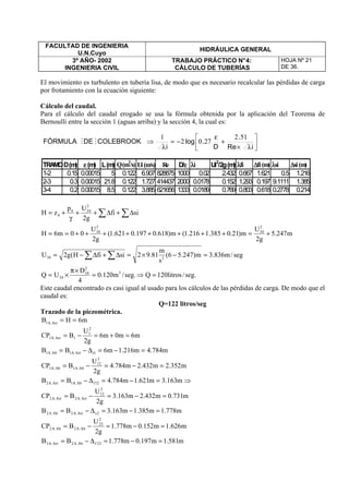 FACULTAD DE INGENIERIA
U.N.Cuyo
HIDRÁULICA GENERAL
3º AÑO- 2002
INGENIERIA CIVIL
TRABAJO PRÁCTICO N°4:
CÁLCULO DE TUBERÍAS
HOJA Nº 21
DE 36.
El movimiento es turbulento en tubería lisa, de modo que es necesario recalcular las pérdidas de carga
por frotamiento con la ecuación siguiente:
Cálculo del caudal.
Para el cálculo del caudal erogado se usa la fórmula obtenida por la aplicación del Teorema de
Bernoulli entre la sección 1 (aguas arriba) y la sección 4, la cual es:
.seg/litros120Q.seg/m120.0
4
D
UQ
seg/m836.3m)247.56(
s
m
81.92sifiH(g2U
m247.5
g2
U
m)21.0385.1216.1(m)618.0197.0621.1(
g2
U
00m6H
sifi
g2
Up
zH
3
2
34
34
234
2
34
2
34
2
344
4
=⇒=
×π
×=
=−×=∆+∆−=
+=++++++++==
∆+∆++
γ
+=
∑∑
∑∑
Este caudal encontrado es casi igual al usado para los cálculos de las pérdidas de carga. De modo que el
caudal es:
Q=122 litros/seg
Trazado de la piezométrica.
m6HB Arr.A1 ==
m6m0m6
g2
U
BCP
2
1
1Arr.A1 =+=−=
m784.4m216.1m6BB 1sArr.A1Ab.A1 =−=∆−=
m352.2m432.2m784.4
g2
U
BCP
2
12
Ab.A1Ab.A1 =−=−=
⇒=−=∆−= m163.3m621.1m784.4BB 12fAb.A1Arr.A2
m731.0m432.2m163.3
g2
U
BCP
2
12
Arr.A2Arr.A2 =−=−=
m778.1m385.1m163.3BB 2sArr.A2Ab.A2 =−=∆−=
m626.1m152.0m778.1
g2
U
BCP
2
23
Ab.A2Ab.A2 =−=−=
m581.1m197.0m778.1BB 23fAb.A2Arr.A3 =−=∆−=






λ×
+
ε
−=
λ
⇒
iRe
.
D
.log
i
COLEBROOKDEFÓRMULA
512
2702
1
MM
TRAMOD(m) εεεε(m) L(m) Q(m3
/s) Ui(m/s) Re D/εεεε λλλλi Ui2
/2g(m) λλλλfi ∆∆∆∆fi(m) λλλλsi ∆∆∆∆si(m)
1-2 0.15 0.00015 5 0.122 6.907 828875 1000 0.02 2.432 0.667 1.621 0.5 1.216
2-3 0.3 0.00015 21.8 0.122 1.727 414437 2000 0.0178 0.152 1.293 0.197 9.1111 1.385
3-4 0.2 0.00015 8.5 0.122 3.885 621656 1333 0.0189 0.769 0.803 0.618 0.2778 0.214
 