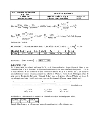 FACULTAD DE INGENIERIA
U.N.Cuyo
HIDRÁULICA GENERAL
3º AÑO- 2002
INGENIERIA CIVIL
TRABAJO PRÁCTICO N°4:
CÁLCULO DE TUBERÍAS
HOJA Nº 28
DE 36.
( ) s
m
,
m,
s
m
,
Q
U.seg/m.
litros
m
seg
.min
.min
litros
Q 786
4
050
01330
01330
1000
1
60
1
800 2
3
3
3
=
π
=
Ω
=⇒=××=
5
2
6
10783
108970
050786
x,
s
m
x,
m,
s
m
,
DU
Re =
×
=
ν
×
=
−
111
1054
050
4
==
ε −
mx,
m,D
⇒Mov.Turb. Tub. Rugosa
La ecuación a usar es:
Respuestas: 5
10783 x,Re = y m.H 31217=∆
EJERCICIO Nº15:
En el punto A de una tubería horizontal de 30 cm de diámetro la altura de presión es de 60 m. A una
distancia de 60 m de A, la tubería de 30 cm sufre una contracción brusca hasta el diámetro de 15 cm de
la nueva tubería. A una distancia de esta contracción brusca de 30 m la tubería de 15 cm sufre un
ensanchamiento brusco, conectándose con una tubería de 30 cm. El punto D está 30 m aguas abajo de
este cambio de sección. Para una velocidad de 2,41 m/s en la primer tubería. Dibujar las líneas de
energía y piezométrica, considerando una aspereza absoluta de 0.15mm y 1/ν de 800000 s/m2
.
El cálculo del caudal se realiza teniendo en cuenta la velocidad dato del primer tramo:
Las pérdidas de carga se calculan con las siguientes ecuaciones y los cálculos son:
7012
1
.
R
log
i
RUGOSASTUBERÍASENTURBULENTOMOVIMIENTO =
ε
−
λ
⇒LLLL
Q(m3/s) D(m) εεεε (m) L (m) U(m/s) Re λλλλi J ∆∆∆∆H(m)
0.0133 0.05 0.00045 125 6.78 377763 0.0371 1.74 217.31
LAB = 60 m
DAB = 30 cm
LBC = 30 m
DBC = 15 cm
LCD = 30 m
DCD = 30 cm
A DCB
Plano Referencia
UAB (m/s) DAB (m) Q (m
3
/s)
2.41 0.3 0.170
 