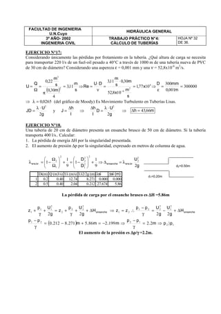 FACULTAD DE INGENIERIA
U.N.Cuyo
HIDRÁULICA GENERAL
3º AÑO- 2002
INGENIERIA CIVIL
TRABAJO PRÁCTICO N°4:
CÁLCULO DE TUBERÍAS
HOJA Nº 32
DE 36.
EJERCICIO N°17:
Considerando únicamente las pérdidas por frotamiento en la tubería. ¿Qué altura de carga se necesita
para transportar 220 l/s de un fuel-oil pesado a 40°C a través de 1000 m de una tubería nueva de PVC
de 30 cm de diámetro? Considerando una aspereza ε = 0,001 mm y una ν = 52,8x10-6
m2
/s.
( ) s
m
,
m,
s
m
,
Q
U 113
4
300
220
2
3
=
π
=
Ω
= ⇒ 4
2
6
10771
10852
300113
x,
s
m
x,
m,
s
m
,
DU
Re =
⋅
=
ν
⋅
=
−
⇒ 300000
0010
300
==
ε m,
mmD
⇒ 02650,=λ (del gráfico de Moody) Es Movimiento Turbulento en Tuberías Lisas.
g
U
JD
2
2
⋅λ
= y
l
h
J
∆
= ⇒
g
U
D
l
h
2
2
⋅λ
=
∆
⇒ m,h 6643=∆
EJERCICIO N°18.
Una tubería de 20 cm de diámetro presenta un ensanche brusco de 50 cm de diámetro. Si la tubería
transporta 400 l/s.. Calcular:
1. La pérdida de energía ∆H por la singularidad presentada.
2. El aumento de presión ∆p por la singularidad, expresado en metros de columna de agua.
La pérdida de carga por el ensanche brusco es ∆∆∆∆H =5.86m
El aumento de la presión es ∆∆∆∆p/γγγγ =2.2m.
( ) 12
1221
2
1
2
221
21
2
22
2
2
11
1
22199286527182120
2222
ppm.
pp
m.m.m..
pp
H
g
U
g
Upp
zzH
g
Up
z
g
Up
z ensancheensanche
〉⇒=
γ
−
⇒−=+−=
γ
−
∆+−=
γ
−
∴=⇒∆++
γ
+=+
γ
+
d1=0.20m
d2=0.50mg
U
D
D
.br.ensensanche.br.ens
29
1
1
9
1
1
2
2
2
2
1
2
2
2
1
2
λ=∆⇒+







−=+





Ω
Ω
−=λ
Di(m) Q (m3/s) Ui (m/s) Ui2/2g (m) λsi ∆si (m)
1 0.2 0.40 12.74 8.271 0.000 0.000
2 0.5 0.40 2.04 0.212 27.674 5.86
 