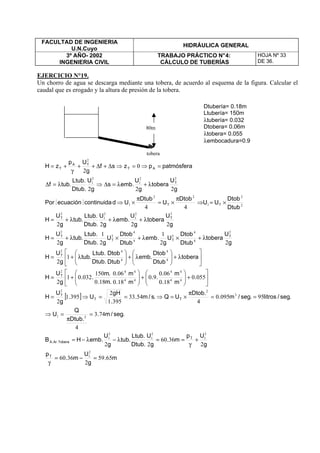 FACULTAD DE INGENIERIA
U.N.Cuyo
HIDRÁULICA GENERAL
3º AÑO- 2002
INGENIERIA CIVIL
TRABAJO PRÁCTICO N°4:
CÁLCULO DE TUBERÍAS
HOJA Nº 33
DE 36.
EJERCICIO N°19.
Un chorro de agua se descarga mediante una tobera, de acuerdo al esquema de la figura. Calcular el
caudal que es erogado y la altura de presión de la tobera.
tobera
80m
Dtubería= 0.18m
Ltubería= 150m
λtubería= 0.032
Dtobera= 0.06m
λtobera= 0.055
λembocadura=0.9
[ ]
m.
g
U
m.
p
g
Up
m.
g
U
.Dtub
.Ltub
.tub
g
U
.embHB
.seg/m.
.Dtub
Q
U
.seg/litros.seg/m.
.Dtob
UQ.s/m.
.
gH
U.
g
U
H
.
m
m
.
.
..
m
m
.
.
.m.
.m
..
g
U
H
tobera
Dtub
Dtob
.emb
Dtub
Dtob
.Dtub
.Ltub
.tub
g
U
H
g
U
tobera
Dtub
Dtob
U
g
.emb
Dtub
Dtob
U
g.Dtub
.Ltub
.tub
g
U
H
g
U
tobera
g
U
.emb
g
U
.Dtub
.Ltub
.tub
g
U
H
Dtub
Dtob
UU
Dtob
U
Dtub
UdcontinuidaecuaciónPor
g
U
tobera
g
U
.embs
g
U
.Dtub
.Ltub
.tubf
patmósferapzsf
g
Up
zH
T
T
Tobera.Ar.A
TT
T
T
T
T
TT
T
TT
TT
T
AT
TA
T
6559
2
3660
2
3660
22
743
4
950950
4
5433
3951
2
3951
2
0550
180
060
90
180
060
180
150
03201
2
1
2
22
1
2
1
2
2222
44
222
0
2
2
1
2
1
2
1
2
1
21
3
22
4
4
4
4
4
4
4
42
4
4
4
42
2
4
4
2
4
4
2
2
22
1
2
1
2
2
2
1
22
1
22
1
2
1
2
=−=
γ
+
γ
==λ−λ−=
=
π
=⇒
==
π
×=⇒==⇒=






+





+





+=






λ+





λ+





λ+=
λ+×λ+×λ+=
λ+λ+λ+=
×=⇒
π
×=
π
×⇒
λ+λ=∆⇒λ=∆
=⇒=⇒∆+∆++
γ
+=
MM
 