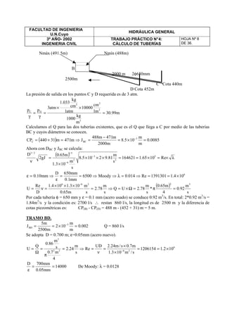 FACULTAD DE INGENIERIA
U.N.Cuyo
HIDRÁULICA GENERAL
3º AÑO- 2002
INGENIERIA CIVIL
TRABAJO PRÁCTICO N°4:
CÁLCULO DE TUBERÍAS
HOJA Nº 8
DE 36.
Nmáx (491.5m) Nmín (488m)
B
2000 m 2φ650mm
2500m
C Cota 440m
D Cota 452m
La presión de salida en los puntos C y D requerida es de 3 atm.
m99.30
m
kg
1000
m1
cm
10000
atm1
cm
kg
033.1
atm3
pp
3
2
22
DC
=
××
=
γ
=
γ
Calculamos el Q para las dos tuberías existentes, que es el Q que llega a C por medio de las tuberías
BC y cuyos diámetros se conocen.
( ) 0085.0
m
m
105.8
m2000
m471m488
Jm471m31440CP 3
BCC =×=
−
=⇒=+= −
Ahora con DBC y JBC se calcula:
( )
6
5
2
3
2
6
5.12/3
104.11391301Re014.0Moody6500
mm1.0
mm650D
mm10.0
Re1065.1164621
s
m
81.92105.8
s
m
103.1
m65.0
gJ2
D
×==⇒=λ⇒⇒==
ε
⇒=ε
λ×=×==×××
×
=
ν
−
−
( )
s
m
92.0
4
m65.0
*
s
m
78.2UQ
s
m
78.2
s
m
m65.0
103.1104.1
D
Re
U
32266
=π=Ω×=⇒=
×××
=ν=
−
Por cada tubería φ = 650 mm y ε = 0.1 mm (acero usado) se conduce 0.92 m3
/s. En total: 2*0.92 m3
/s =
1.84m3
/s y la condición es: 2700 l/s ∴ restan 860 l/s, la longitud es de 2500 m y la diferencia de
cotas piezométricas es: CP(B) - CP(D) = 488 m - (452 + 31) m = 5 m.
TRAMO BD.
002.0
m
m
102
m2500
m5
J 3
BD =×== −
Q = 860 l/s
Se adopta D = 0.700 m; ε=0.05mm (acero nuevo).
6
2622
3
102.11206154
s/m103.1
m7.0s/m24.2UD
Re
s
m
24.2
4
m7.0
s
m
86.0
Q
U ×==
×
×
=
ν
=⇒=
π
=
Ω
= −
14000
mm05.0
mm700D
==
ε
De Moody: λ = 0.0128
 