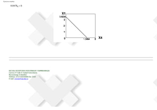 Ejercicios resueltos
0.047X4 = 0
ESCUELA DE ESTUDIOS INDUSTRIALES Y EMPRESARIALES
Carrera 27 Calle 9. Ciudad Universitaria.
Bucaramanga (Colombia)
Teléfono: (57)(7)(6344000) Ext. 2333
E-mail: cvecino@uis.edu.co
 