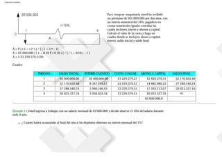 Ejercicios resueltos
Para comprar maquinaria usted ha recibido
un préstamo de $65000.000 por dos años, con
un interés semestral del 16%, pagadero en
cuotas semestrales iguales vencidas las
cuales incluyen interés y abonos a capital.
Calcule el valor de la cuota y haga un
cuadro donde se incluyen abono a capital,
interés, saldo inicial y saldo final.
A = P [ ( 1 + i )n i ] / [ ( 1 + i )n - 1]
A = 65000.000 [ ( 1 + 0,16 )4 ( 0,16 ) ] / [ ( 1 + 0,16 ) - 1 ]
A = $ 23229.379,5159
Cuadro:
PERIODO SALDO INICIAL INTERÉS CAUSADO CUOTA A PAGAR ABONO A CAPITAL SALDO FINAL
1 65000.000,00 10400.000,00 23229.379,51 12829.379,51 52170.620,48
2 52170.620,48 8347.299,27 23229.379,51 14882.080,23 37288.540,24
3 37288.540,24 5966.166,43 23229.379.51 17263.213,07 20025.327,16
4 20025.327,16 3204.052,34 23229.379.51 20025.327,16 -0-
65000.000,0
Ejemplo 15.Usted ingresa a trabajar con un salario mensual de $5’000.000 y decide ahorrar el 10% del salario durante
todo el año.
■ ¿ Cuánto habrá acumulado al final del año si los depósitos obtienen un interés mensual del 1%?
 