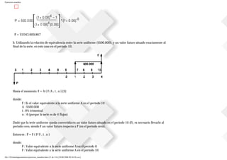 Ejercicios resueltos
P = $1'043.600,867
b. Utilizando la relación de equivalencia entre la serie uniforme ($500.000), y un valor futuro situado exactamente al
final de la serie, en este caso en el periodo 10.
Hasta el momento: F = A ( F/A , i , n ) [3]
donde:
F : Es el valor equivalente a la serie uniforme A en el periodo 10
A : $500.000
i : 8% trimestral
n : 4 (porque la serie es de 4 flujos)
Dado que la serie uniforme queda convertida en un valor futuro situado en el periodo 10 (F), es necesario llevarlo al
periodo cero, siendo F un valor futuro respecto a P (en el periodo cero).
Entonces : P = F ( P/F , i , n )
donde:
P : Valor equivalente a la serie uniforme A en el periodo 0
F : Valor equivalente a la serie uniforme A en el periodo 10
file:///D|/tutoringeconomica/ejercicios_resueltos.htm (21 de 116) [28/08/2008 09:44:50 a.m.]
 
