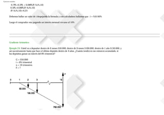 Ejercicios resueltos
0.7PL=0.2PL + 0.08PL(P/A,i%,10)
0.5PL=0.08PL(P/A,i%,10)
(P/A,i%,10)=6,25
Debemos hallar un valor de i despejando la fórmula y con calculadora hallamos que : i = 9,6140%
Luego el comprador esta pagando un interés mensual cercano al 10%
Gradiente Aritmético
Ejemplo 24. Usted va a depositar dentro de 6 meses $50.000, dentro de 9 meses $100.000, dentro de 1 año $150.000, y
así sucesivamente hasta que hace el último depósito dentro de 4 años. ¿Cuánto tendrá en ese entonces acumulado, si
los depósitos ganan un interés del 8% trimestral?
G = $50.000
i = 8% trimestral
n = 16 trimestres
F = ?
 
