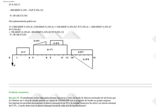 Ejercicios resueltos
(P/A,10%,7)
- 400.000(P/G,10% ,7)](P/F,10%,12)
P= $8'148.273,705
Otro planteamiento podría ser:
P=1'000.000(P/A,10%,4)+[100.000(P/G,10%,4)+1'100.000(P/A,10%,9)]* (P/F,10%,4) + [400.000(P/A,10%,4)*
(P/F,10%,8)]
+ 700.000(P/A,10%,6)- 400.000(P/G,10%,6)]*(P/F,10%,13)
P= $8'148.273,05
Gradiente Geométrico
Ejemplo 28. 10 estudiantes recién ingresados piensan asociarse y crear un fondo de ahorros mensuales de tal forma que
al culminar sus 5 años de estudio posean un capital de $10'000.000 con el propósito de fundar su propia empresa.
Sus ingresos les permiten incrementar el ahorro mensual en un 2% y la entidad financiera les ofrece un interés mensual
del 2.5%. ¿Cuánto deberá ser el ahorro mensual inicial de cada uno de los estudiantes?
 