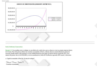 Ejercicios resueltos
Series Uniformes Consecutivas
Ejemplo 33. Una modista entra a trabajar en una fábrica de confección, pero su deseo es crear su propia empresa dentro
de 10 años. Para ello piensa utilizar las cesantías acumuladas al final, y además ahorrar semestralmente la prima de
servicios (medio salario cada semestre) en una entidad financiera que paga un interés efectivo anual del 35%. Si en
salario del primer año es de $250.000 y crecerá anualmente al ritmo de la inflación esperada (20% anual ), determine:
a. Capital acumulado al final de 10 años de trabajo?.
Capacum= Cesacum + Fprimas (1)
Cesantías acumuladas:
 