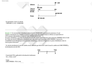 Ejercicios resueltos
Es equivalente a hacer el cálculo:
7'000.000*(1+0.4)= $9'800.000
Ejemplo 15. Un inversionista Colombiano piensa invertir $20'000.000 en un proyecto mexicano, el cual
requiere exactamente esa cantidad a la tasa de cambio actual. Este dinero rentará en México un equivalente al
2,5% mensual, obteniéndose al cabo de 2 años NPMEX$180.872,60.
Si el peso colombiano, a un ritmo de devaluación del 20% anual respecto al nuevo peso mexicano (NPMEX$) tiene al cabo
de 2 años una tasa de $288 pesos colombianos por cada nuevo peso mexicano ($288/NPMEX$). Cuál será la
rentabilidad anual obtenida por el inversionista colombiano y cuál será el flujo tanto en pesos colombianos como en
nuevos pesos mexicanos?
Se calcula inicialmente la tasa de cambio actual, sabiendo que dentro de 2 años la tasa de cambio será $288/NPMEX$ y
la devaluación será del 20%:
Conociendo TC0 y aplicando la devaluación tendríamos:
TC1= TC0(1+0.2)2
Luego:
$288/NPMEX$= TC0 (1,44)
 