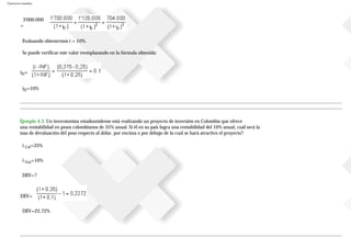 Ejercicios resueltos
3'000.000
=
Evaluando obtenermos i = 10%.
Se puede verificar este valor reemplazando en la fórmula obtenida:
iD=
iD=10%
Ejemplo 4.3. Un inversionista estadounidense está realizando un proyecto de inversión en Colombia que ofrece
una rentabilidad en pesos colombianos de 35% anual. Si él en su país logra una rentabilidad del 10% anual, cuál será la
tasa de devaluación del peso respecto al dólar, por encima o por debajo de la cual se hará atractivo el proyecto?
i Col=35%
i Usa=10%
DEV=?
DEV=
DEV=22,72%
 